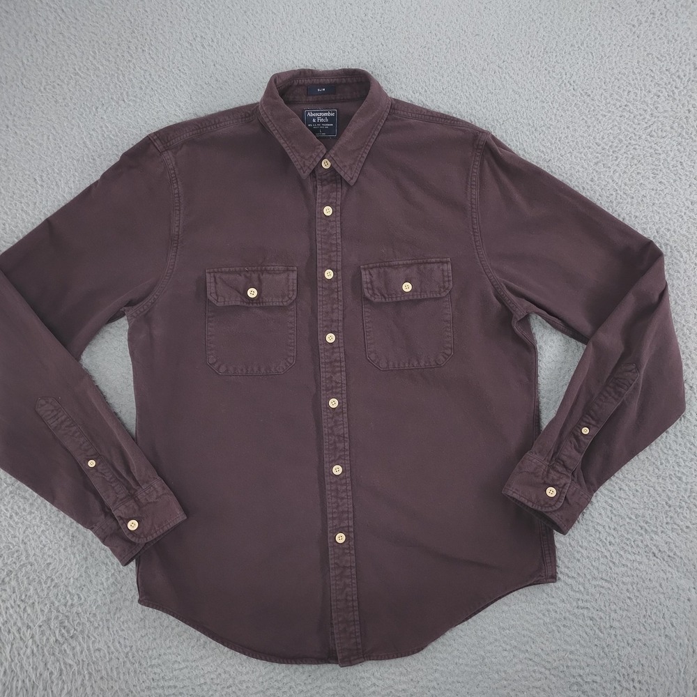 Abercrombie & Fitch Button Up Mens L Burgundy Slim Fit Brushed Cotton Flannel